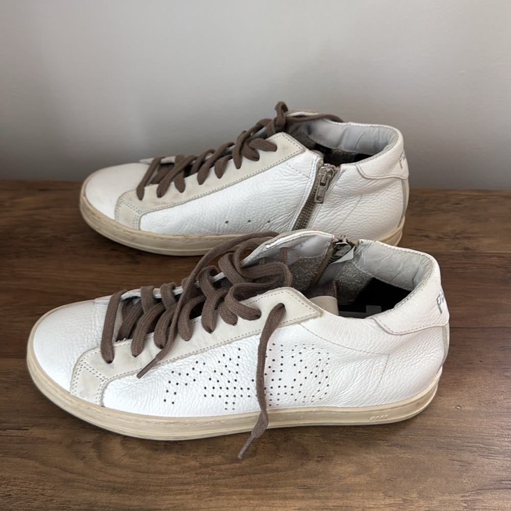 P448 Mid Top side zipper White Perforated High-Top Sneakers with Brown Laces - Picture 3 of 12